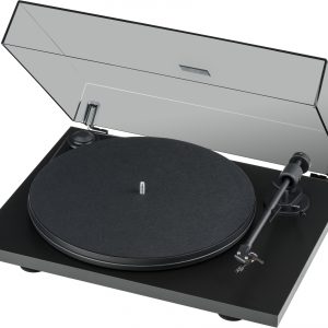 Interdyn Turntable with black base and hinged lid, featuring circular platter, tonearm, and cartridge.