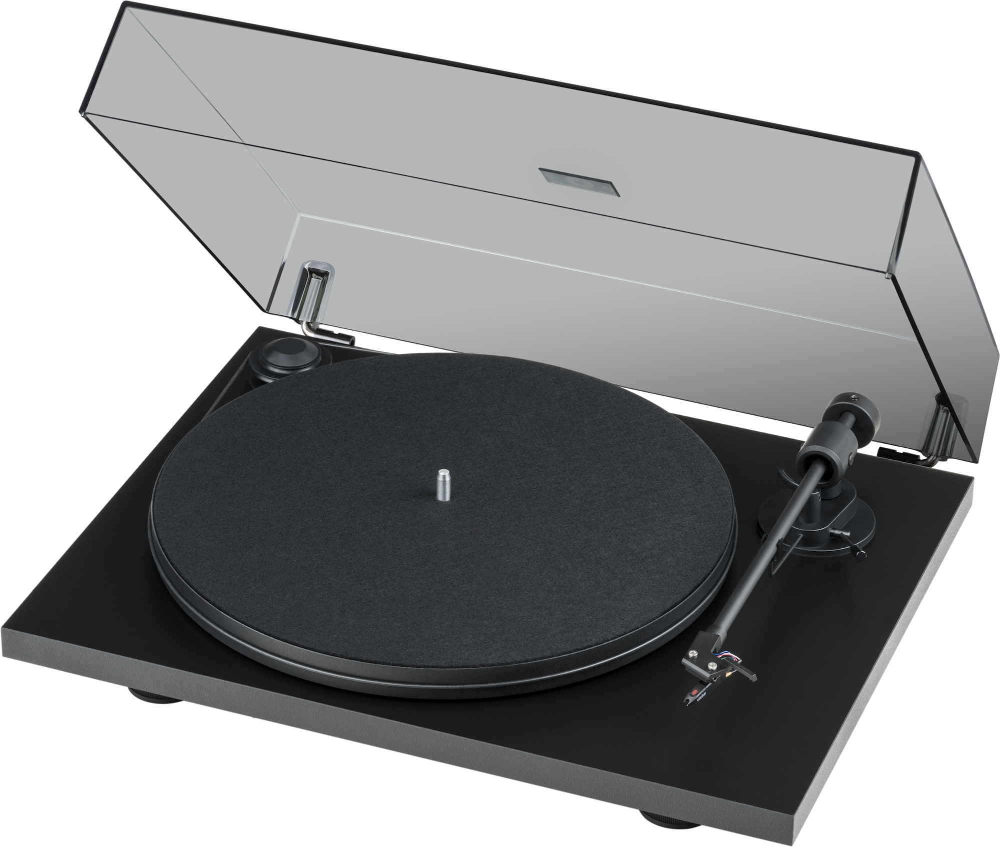 Pro-Ject Primary E Turntable With Om Cartridge Turntable with black base and hinged lid, featuring circular platter, tonearm, and cartridge.