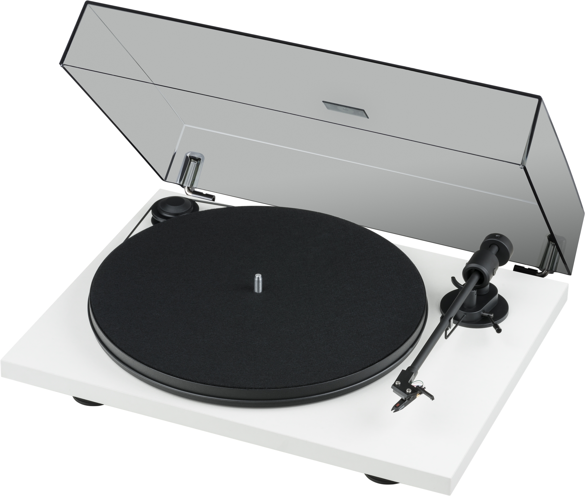 Pro-Ject Primary E Turntable With Om Cartridge White turntable with black platter, raised clear dust cover, and right-side tonearm.