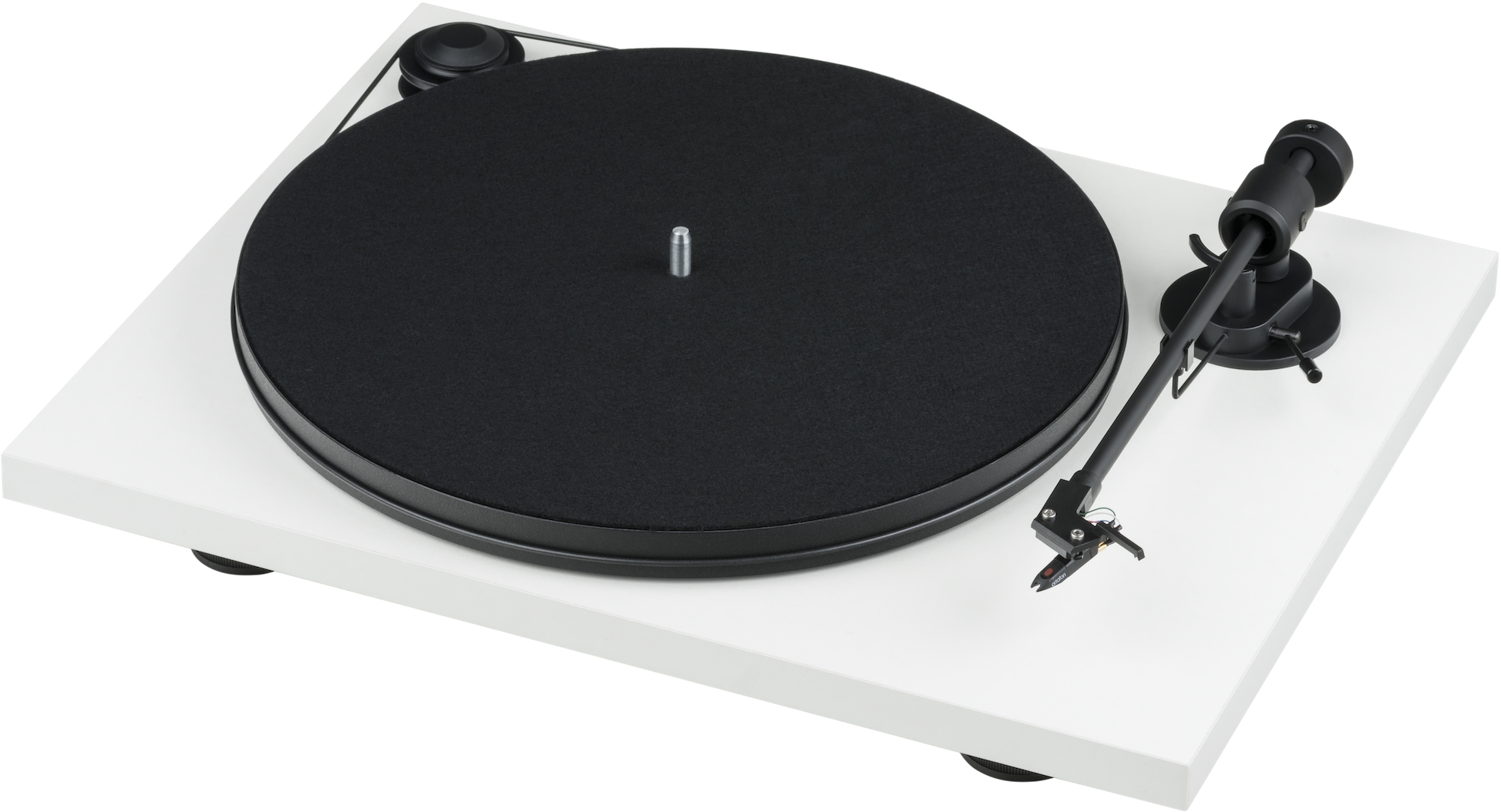 Pro-Ject Primary E Turntable With Om Cartridge Turntable with white base, black platter mat, and adjustable tonearm with cartridge.