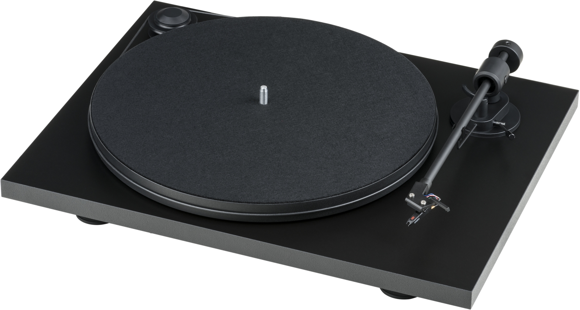 Pro-Ject Primary E Turntable With Om Cartridge Black vinyl turntable with a felt platter mat, visible tonearm and cartridge on a sleek base