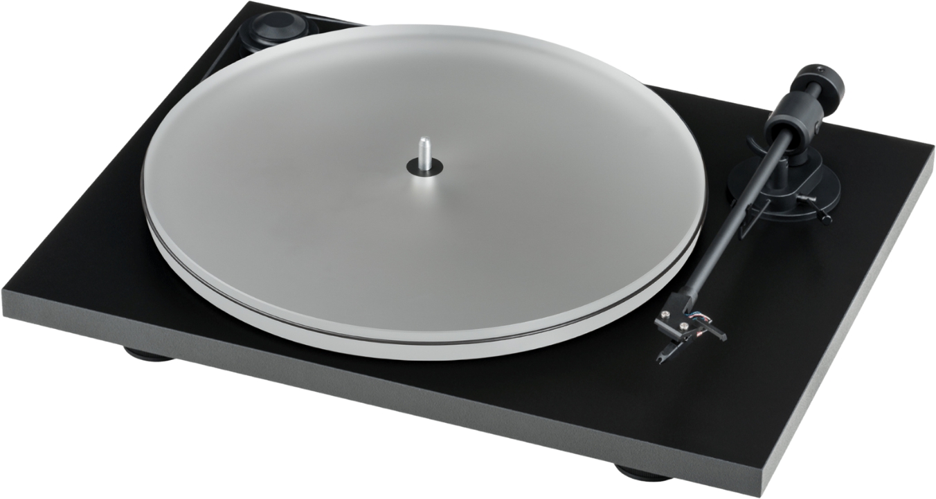 Pro-Ject Primary E Turntable With Om Cartridge Vinyl turntable with silver platter on a black base and straight tonearm with cartridge.