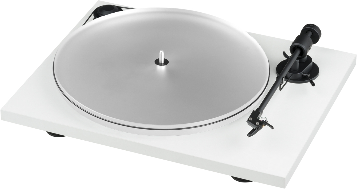 Pro-Ject Primary E Turntable With Om Cartridge White turntable with a silver platter, black tonearm, and cartridge on a white platform.
