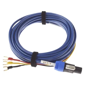 Blue multi-conductor wiring harness with four color-coded leads, spade terminals, and a blue inline connector.