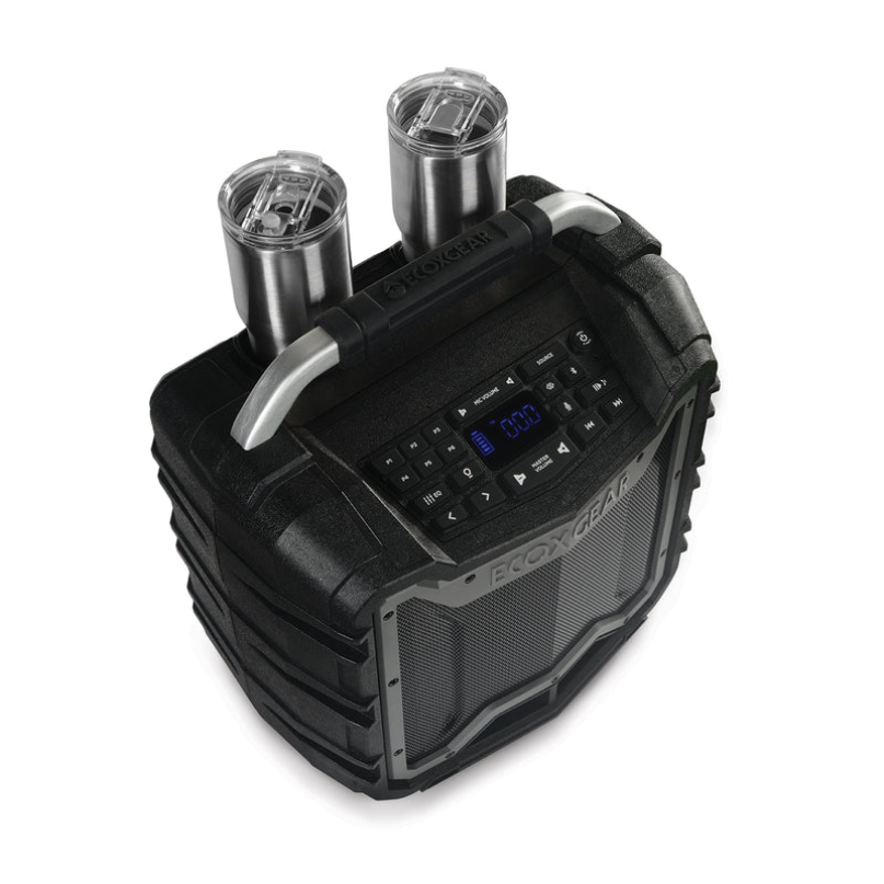 Ecoxgear Ecotrek Portable Outdoor Speaker Ecoxgear rugged portable bluetooth speaker with a carrying handle, digital display, and dual cylindrical top attachments.