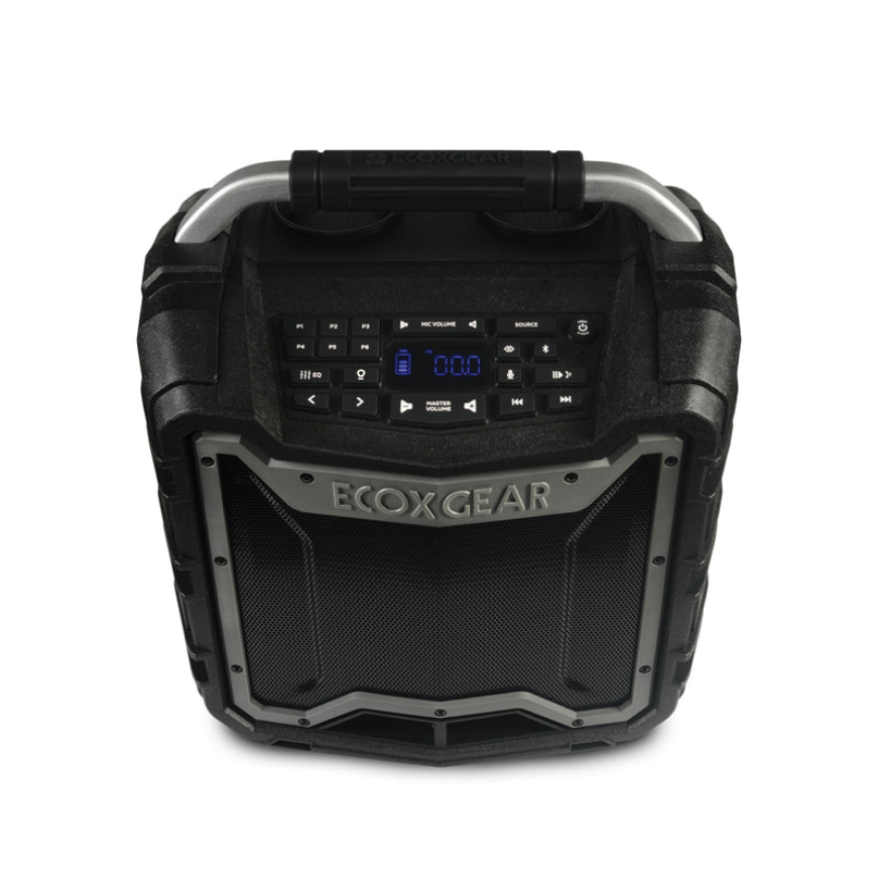 Ecoxgear Ecotrek Portable Outdoor Speaker Ecoxgear rugged portable bluetooth speaker with handle, reinforced corners, digital display, and front grille.