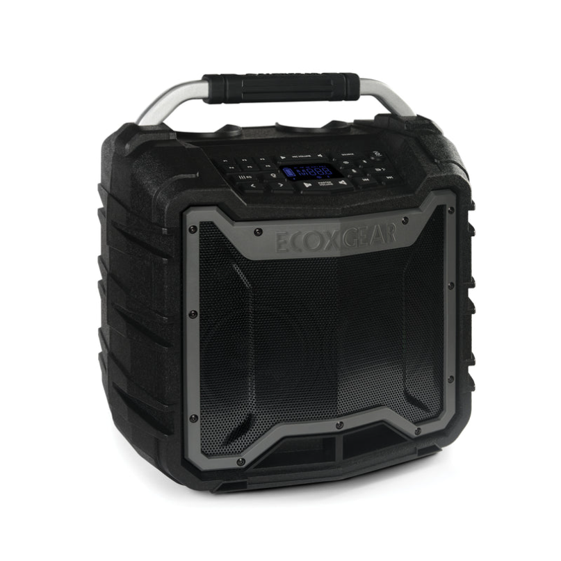 Ecoxgear Ecotrek Portable Outdoor Speaker Rugged portable speaker by ecoxgear with top carrying handle, black rugged housing, and metal front grille.