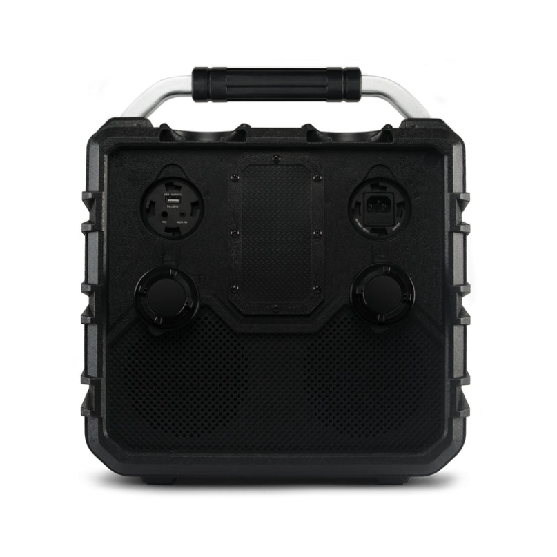 Ecoxgear Ecotrek Portable Outdoor Speaker Rugged black portable speaker with a metal handle, front grille, and two large drivers.