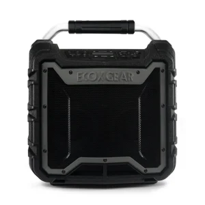 ECOXGEAR EcoTrek Portable Outdoor Speaker rugged portable speaker with metal carrying handle, black mesh grille, and rugged protective frame.