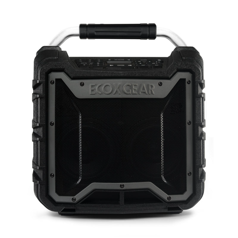 Ecoxgear Ecotrek Portable Outdoor Speaker Ecoxgear ecotrek portable outdoor speaker rugged portable speaker with metal carrying handle, black mesh grille, and rugged protective frame.