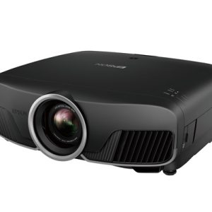 Epson projector with large centered lens, black housing, and side cooling vents.