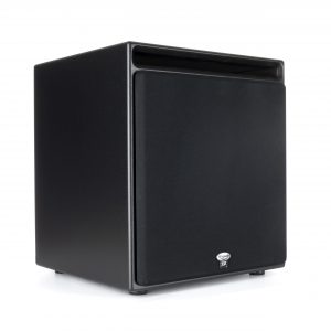 Pair of black Klipsch THX floor-standing speakers with fabric grilles and logo badges.