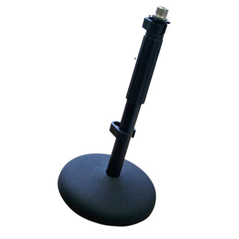 Rode Ds1 Black adjustable desk stand with round weighted base, vertical pole, side clamp, and top threaded mounting stud.