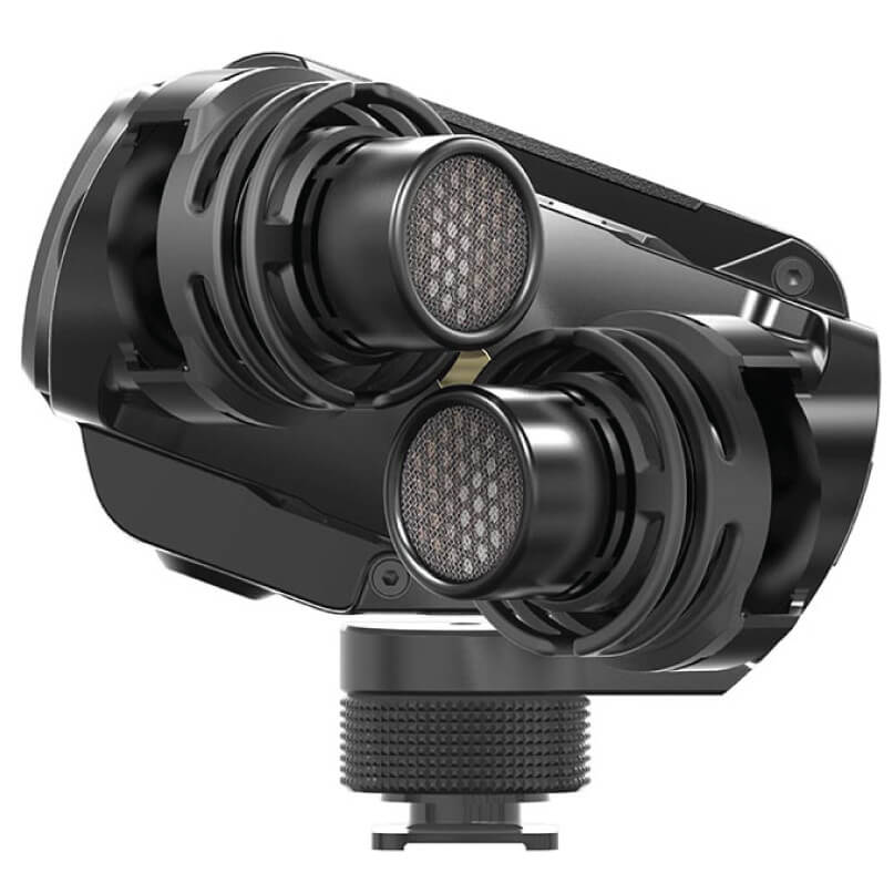 Rode Stereo Videomic X Dual microphone capsules mounted on a black adjustable clamp with mesh covers.