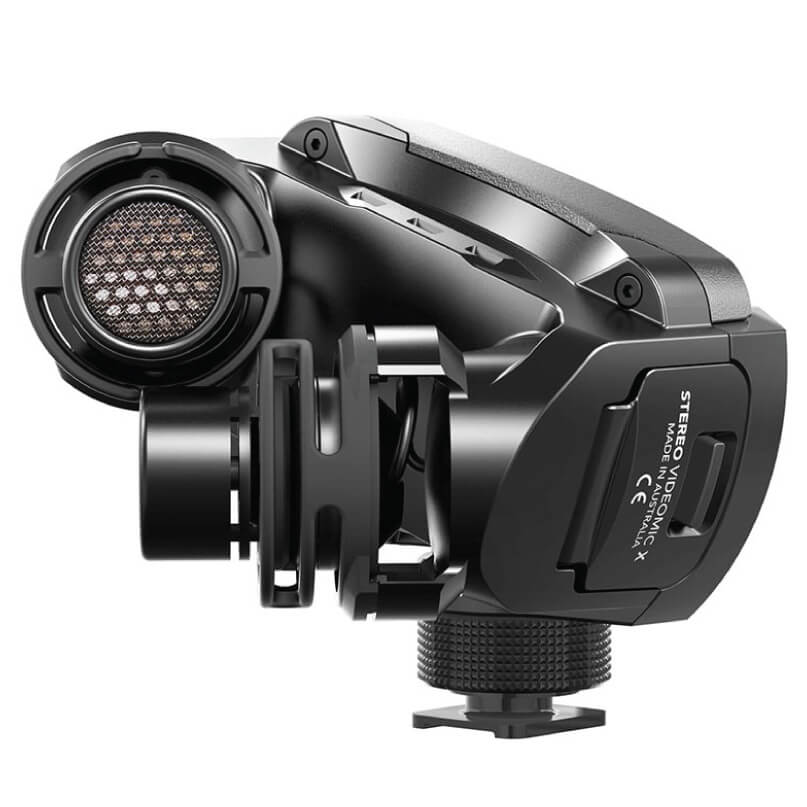 Rode Stereo Videomic X Stereo video microphone with adjustable mounting, black metal body, label reads stereo video made in china.