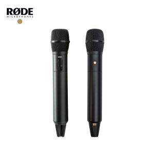 Two black Rode TX-M2 handheld wireless transmitters, featuring advanced wireless transmission technology, are shown standing upright against a white background, with the RODE Microphones logo in the top left corner.