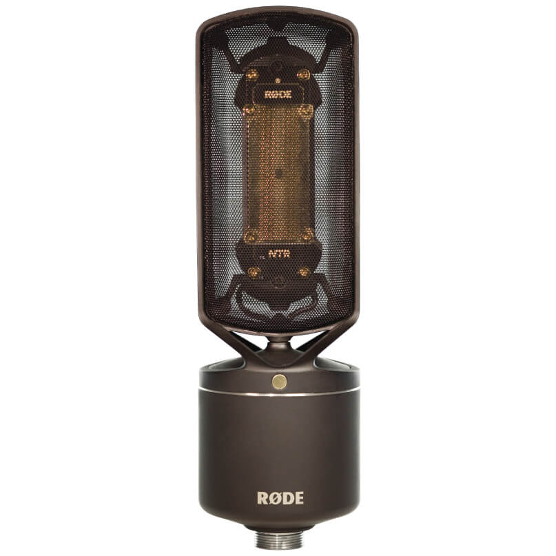 Rode Ntr Røde nt1 large-diaphragm condenser microphone with black metal body and mesh grille.