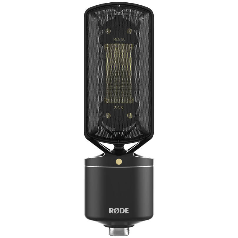 Rode Ntr Rode large-diaphragm condenser microphone with black metal body and mesh grille.