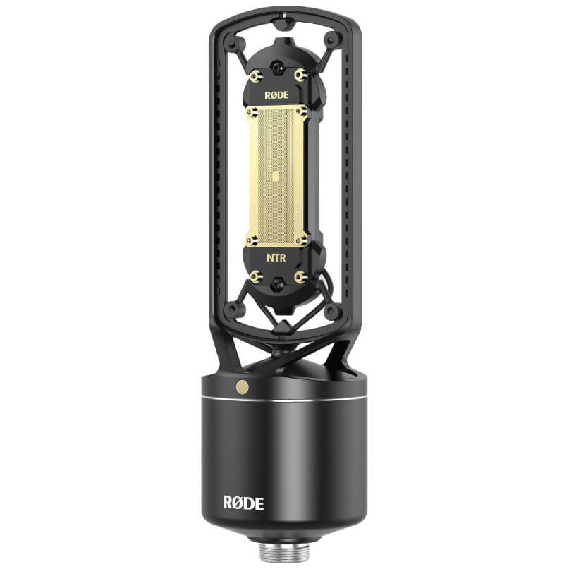 Rode Ntr Røde ntr condenser microphone with gold rectangular capsule inside a black suspension frame and threaded base.