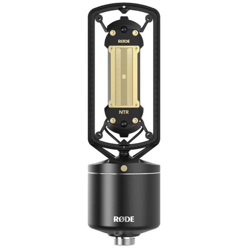 Rode Ntr Røde nt-r microphone with gold grille, shock mount, and black base.