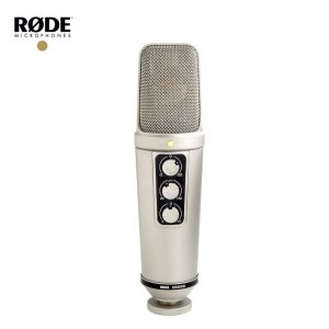 The Rode NT2000 studio microphone in silver, featuring three control knobs, is displayed upright on a white background. The RØDE Microphones logo is visible in the top left corner.