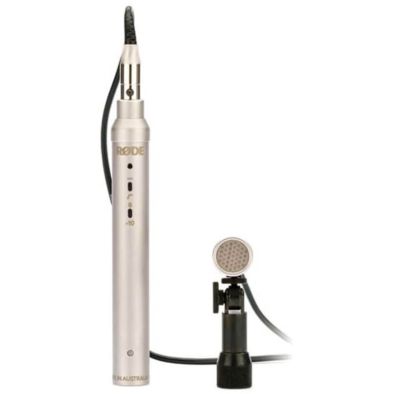 Rode Nt6 Rode silver condenser microphone with attached lavalier microphone and cable.