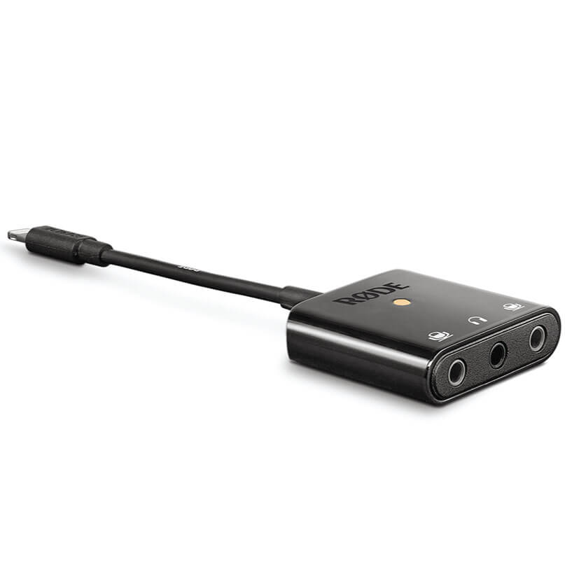 Rode Sc6-L Mobile Interview Kit Rode audio adapter with three 3. 5mm jacks on a black rectangular housing