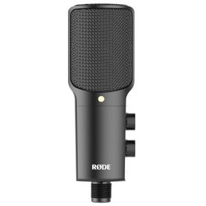 A Rode NT-USB studio microphone in black, featuring a mesh grille and two adjustment knobs, is displayed on a white background.