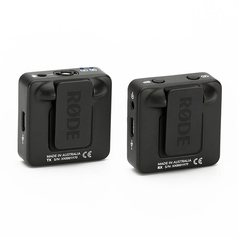 Rode Wireless Go Pair of black røde wireless microphone transmitter and receiver units with folding front clips, made in australia.