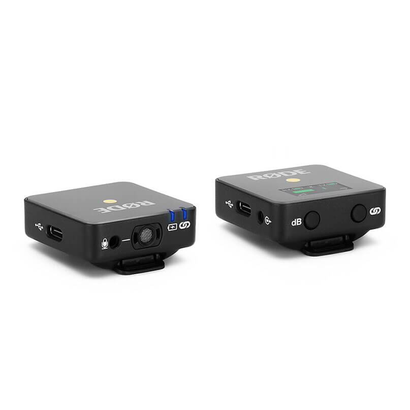 Rode Wireless Go Røde wireless go ii wireless microphone system with transmitter and receiver, usb-c, 3. 5mm inputs, and led indicators.