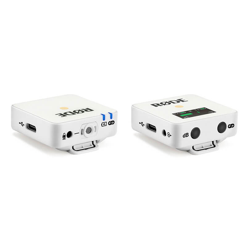 Rode Wireless Go Rode wireless go ii wireless microphone system, two white compact units transmitter and receiver with usb-c port and display.