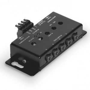 The Forte A-BUS IRC-135 Single Zone Passive Connecting Block is a black electronic terminal block with multiple labeled ports and a removable connector, isolated on a white background.