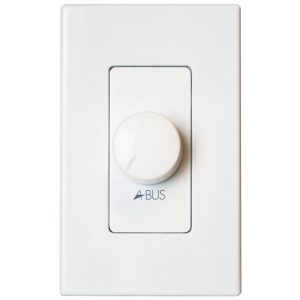 White wall-mounted volume control knob labeled “Forte A-BUS AB-20 Keypad Module” beneath the central dial, set within a rectangular faceplate.
