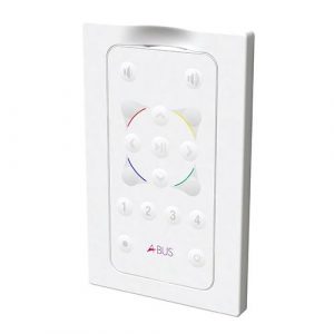 White wall-mounted Forte A-BUS ABR-43 Remote Control Keypad featuring numbered and directional buttons, small speaker icons, and a central circular section with colored lines. Labeled “A-BUS” at the bottom.