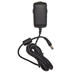 Black power adapter with textured housing, coiled cord, and cylindrical DC barrel plug.