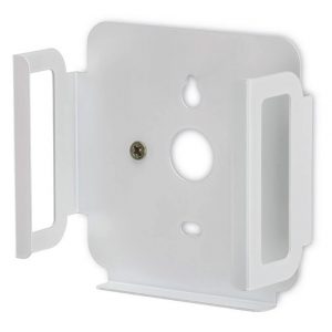 White wall-mount bracket for a security camera with side clamps and keyhole mounting slot.