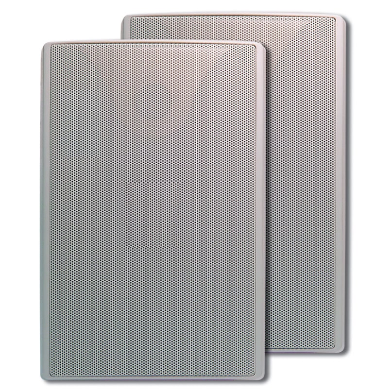 Forte A-Bus Abp-W5 Passive Outdoor Speaker Two rectangular, silver forte a-bus abp-w5 passive outdoor speakers with perforated metal grills, slightly overlapping each other, displayed against a plain background—perfect as a sleek and modern outdoor speaker solution.