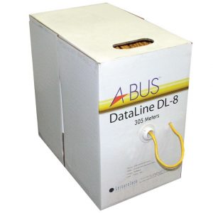 A white box labeled “Forte A-BUS DL-8 8 Core (4 Pair) Dataline Cable” dispenses a yellow cable through a small hole on the front.