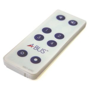 The Forte A-BUS AB-40RC Mini Remote Control is shown at an angle on a white background, showcasing its sleek and functional design featuring eight round black buttons labeled with numbers and symbols on its white body.