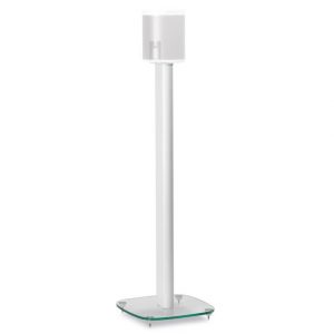 The Alphason AS1003 Play:1 Floor Stand features a white finish with a square glass base, designed to support and display a compact, box-shaped speaker on top.