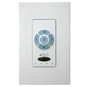 The Forte A-BUS AB-45 Multi-Source Volume Control Module is a white in-wall audio keypad with blue circular power and volume control buttons labeled “A-BUS,” and features a small oval sensor or indicator located beneath the buttons.