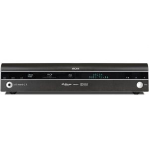 Front view of the ARCAM Solo Movie 2.1 Movie System, displaying its buttons, disc slot, display screen, and assorted format logos.