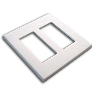 Forte A-BUS WP-20 Double gang Screwless Wall Plate in white, featuring two rectangular openings, is shown lying flat on a white background and viewed from an angle.
