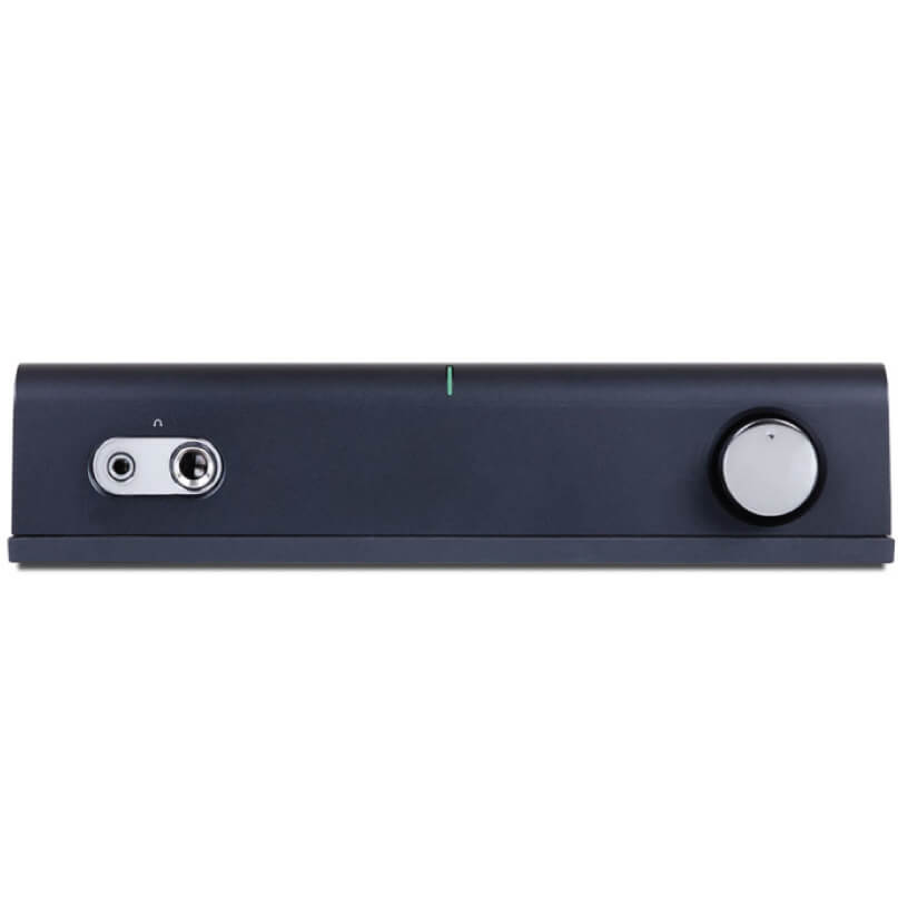 Arcam Rhead Accessories Front view of the arcam rhead accessories black audio amplifier featuring a headphone jack, a power button, and a large volume knob.