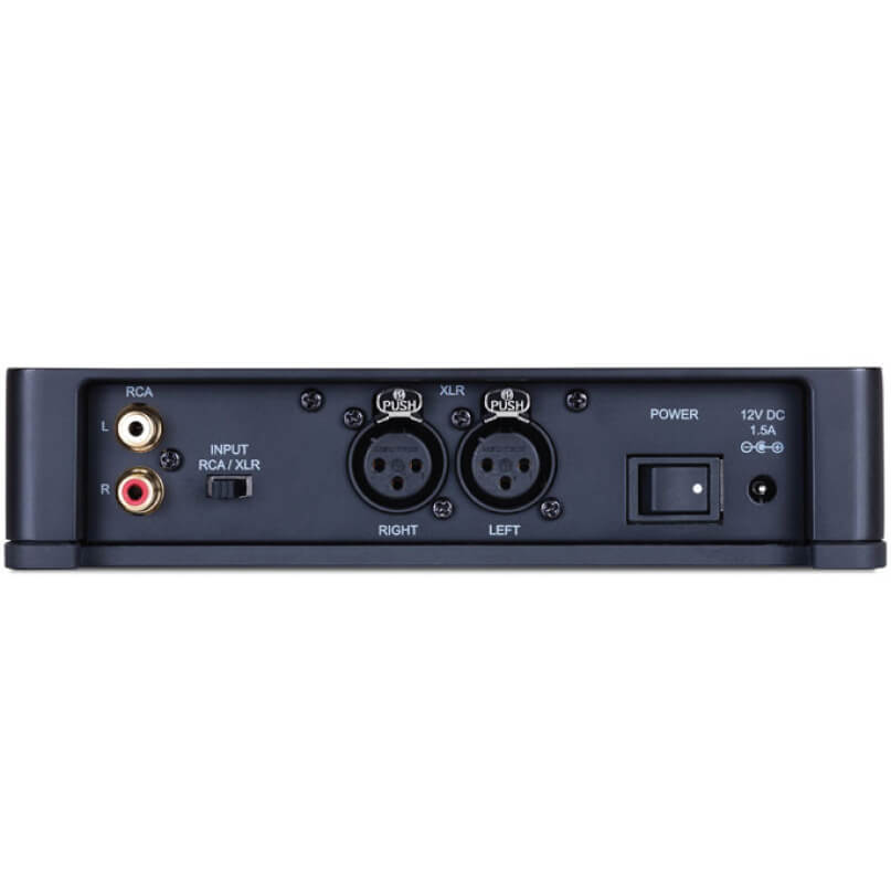 Arcam Rhead Accessories Rear view of an audio interface with rca stereo inputs, two xlr inputs, power switch, and 12v dc power jack.