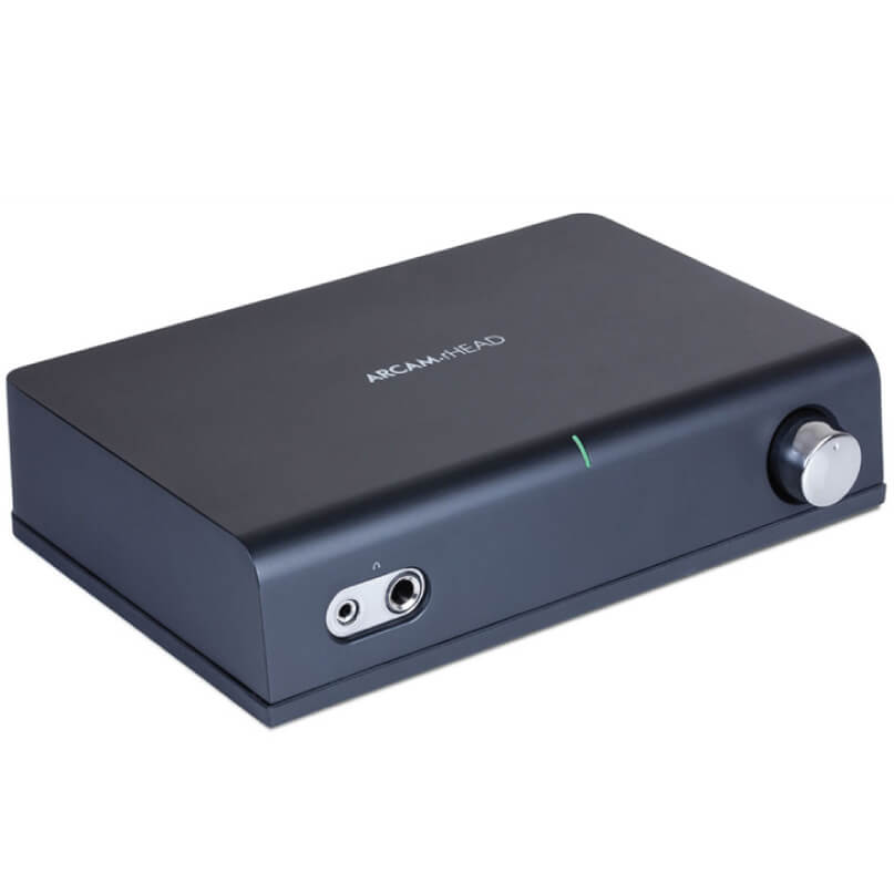 Arcam Rhead Accessories Arcam head headphone amplifier in dark blue with front 1/4 inch headphone jack, green led, and volume knob.