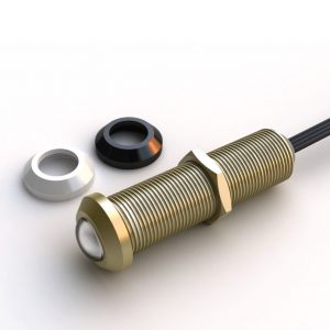 A Forte A-BUS IRR-600 Barrel Infra Red Receiver—a cylindrical metal sensor with a cable, two hex nuts, and two plastic mounting rings (one black and one white)—is placed on a white background.