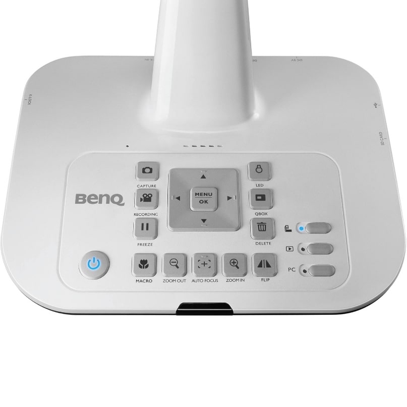 Benq S30 Document Camera Benq white projector with built-in control panel and blue power button on its base.