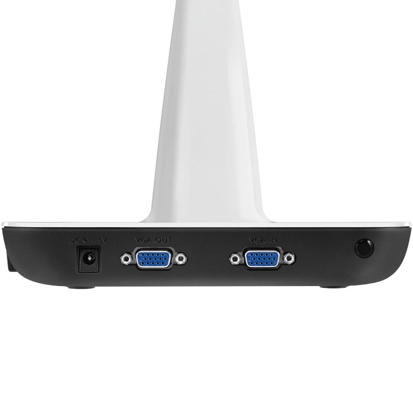 Benq S30 Document Camera Vga switch with 5v dc power input, vga in and vga out ports, mounted on a white stand