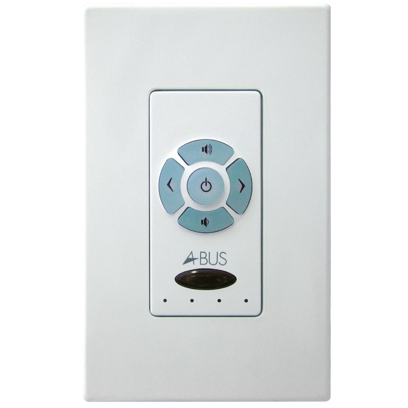 Forte A-Bus Ab-46 Keypad Modules The forte a-bus ab-46 keypad module is a white wall-mounted audio control keypad featuring arrow and power buttons, indicator lights, and a small display screen.